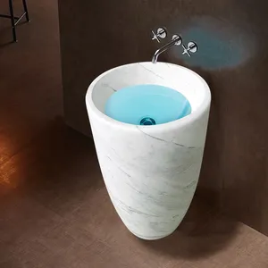 Modern Freestanding Bathroom Hand Wash Basin Natural Stone Carrara Marble Stone Pedestal Sink for Home Hotel Villa Bathroom Washbasin thumbnail-2