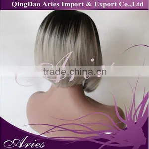 SHORT BOB STRAIGHT LACE FRONT WIG SYNTHETIC HAIR BLACK AND GRAY COLOR thumbnail-2