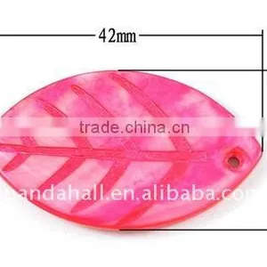 Freshwater Shell Pendants, Leaf, HotPink, About 42x25x2mm, Hole: 2mm(BSHE-B001-1) thumbnail-1