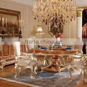 Luxury Vitoria Style Gold Leaf Dining Room Furniture, Baroque Palace Style Marquetry Round Dinning Table With Chairs thumbnail-1