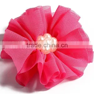 Fabric Chiffon Flower With Pearl Beads Center for Kids Hair Accessories thumbnail-2