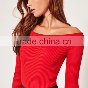 MGOO High Quality Long Sleeves Bardot Bodysuits Slash Neck Cold Shoulder Tops Women Tops Rib thumbnail-4