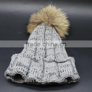Factory Supply 2016 Thicken Woman Knited Beanie Hat With Large Size 15 cm Raccoon Fur Poms Wool Caps thumbnail-5