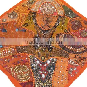Orange Lounge Decor Pillow Indian Style Big Square Floor Ethnic Sari Cushion thumbnail-2