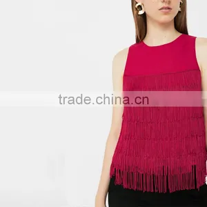 Red Sleeveless Blouses With Tassels 2018 Womens Fringed Tops thumbnail-2