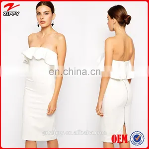 2014 New White Strapless Bardot Bandeau Ladies Bodycon Dress With Frill thumbnail-1