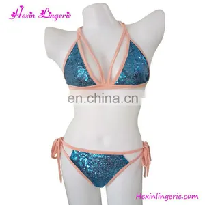 Wholesale 3 Colors Fashion Blue Beach Set Sequins Tie Bikini Swimwear thumbnail-2
