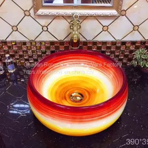 Ceramic Types of Red Fancy Colorful Bathroom Round Counter Top Wash Basin thumbnail-1