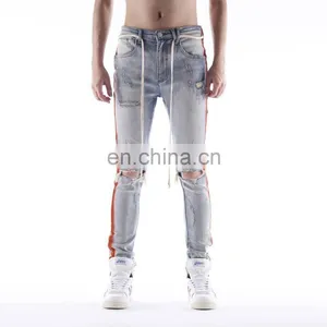 DiZNEW Distressed Track Denim Wholesale Men Side Print Jeans thumbnail-3