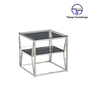 Italian Stainless Steel Gold Tempered Glass Corner Side Table Modern Round End Table thumbnail-1