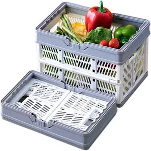 Collapsible Shopping Basket, Foldable Storage Containers, Plastic Stackable Picnic Basket With Handle thumbnail-1