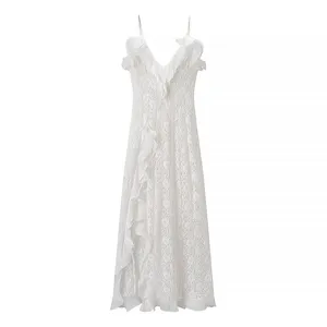 2025 New Fashionable Elegant Women's V-Neck Backless Wave Pleated Ruffle Dress thumbnail-4