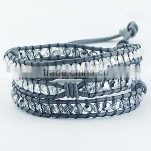 Wrap Bracelet on Gray Leather Clear Faceted Glass Beads thumbnail-1