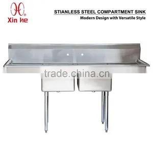 Freestanding Restaurant Kitchen 2 Two Compartment Commercial Stainless Steel Sink With Two Drainboard thumbnail-1