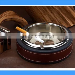 DCA009115S Metallic Silver Stainless Steel Table Ashtray With Leather Wrapped, Round Metal Ashtray With Leather thumbnail-3