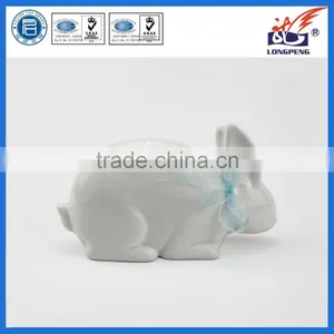Ceramic Round Easter Bunny Rabbit Figurine With Blue Bow thumbnail-1