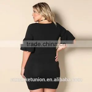 2017 Hot Sale Deep V-neck Elbow Sleeve Black Dress for Fat Women thumbnail-4