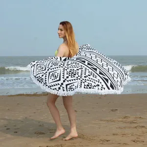 Белый и черный круглый пляжный полотенец для печати thumbnail-1