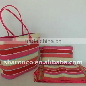 Candy Strip Paper Straw Fabric Beach Bag With Handle thumbnail-1