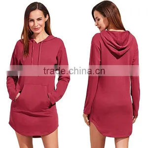 US Vintage Hoodie Sweatshirts Womens Red Solid Curved Hem Blank Custom Slim Fit Sexy French Terry Cloth Hoodie Dress thumbnail-1