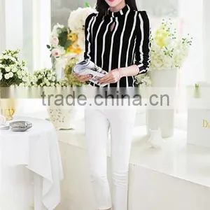 Fashion Korea Womens Stripe Blouse Long Sleeve Shirt Chiffon Slim Fit Tops thumbnail-2