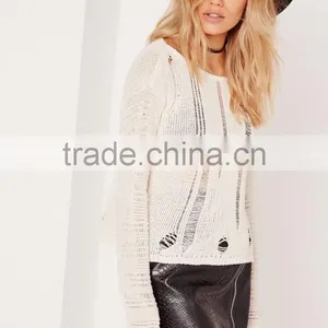 China Women Long Sleeve Sweater Ladder Shoulder Distressed Cropped Jumper White Knitwear Pullover thumbnail-4