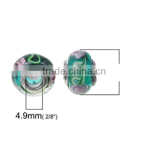 Lampwork Glass European Style Large Hole Beads Round Green Transparent Pink Flower With 304 Stainless Steel Silver Tone Core thumbnail-2