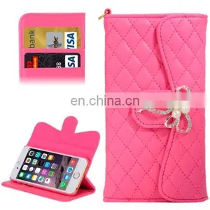 New Design Plaid Texture Sheepskin Diamond-encrusted Bowknot Button Flip Leather Case for IPhone 6 thumbnail-1