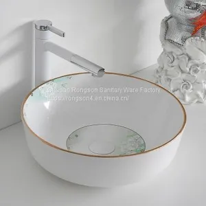 Round Shape Countertop Ceramic Bathroom Sanitary Ware Bowl Sinks With Decal thumbnail-5