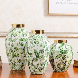 Fashion European Style Green Leaf Electroplate Gild Ceramic Flower Vase For Hallway Decor thumbnail-1