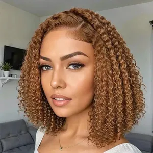 14inch Light Brown 5x5 Glueless Lace Closure Wig Deep Wave Colored Pre Plucked Bob Human Hair Lace Front Wig For Women thumbnail-3
