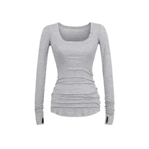 Solid Color Design Niche Long Sleeve Sleeve T-shirt Sexy Spice Girl Big U Collar Light Breathable Base Shirt thumbnail-2
