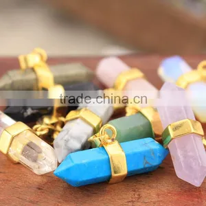 JF6779g Natural Crystal Stone Double Terminated Horizontal Point Pendants With Gold Bail Clasp thumbnail-1
