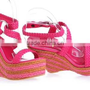 Woven Wedged Peep Toe Hills With Rose Linen Big Size thumbnail-3