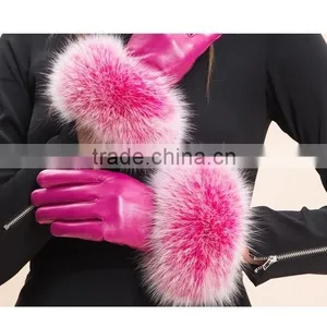 Hot Pink Lamb Leather Gloves With Fluffy Fox Fur Trim Fashion Leather Wrist Gloves thumbnail-4