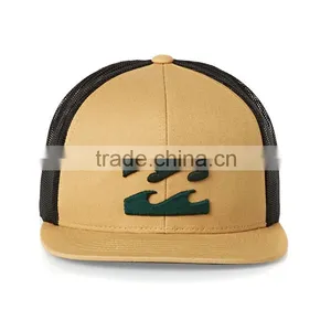 Whoesale Custom High Quality Khaki 100% Cotton Twill 3D Embroidery Flat Peak Trucker Hat Mesh Snapback Cap Quality Choice thumbnail-3