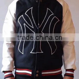 Melton Wool With Geniune Leather Sleeves Varsity Jacket , Wool Body With Leather Arms Varsity Jackets thumbnail-1
