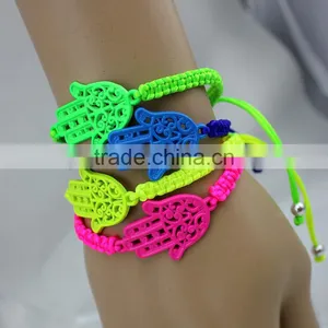 Neon Fluorescent Hamsa Hand Charm Cord Hand Braided Bracelet Friendship Bracelet for Promotion Gift thumbnail-1