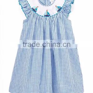 Children Boutique Cotton Frocks Designs Baby Blue Boat Smocked Dress Summer Kids Clothing thumbnail-1
