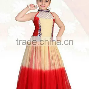 Cream Red Color Long Gown With Blue Silver Neck Design and Border Sizzling Girls Ready Made thumbnail-1