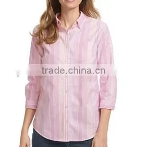 2015 Easy Care Washed Oxford Shirt Three-Quarter-Sleeve Multi-Stripe Elegant Blouses for Ladies thumbnail-1
