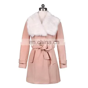 New Women Fashion Rabbit Fur Collar Waist Belt Slim Winter Long Coat thumbnail-1