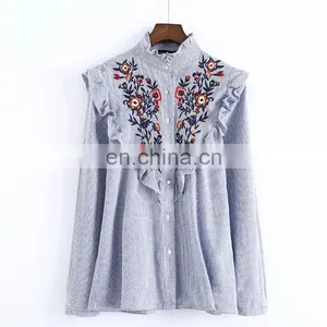 China Supplier Long Sleeve Stand Collar Striped Embroidery Shirts Women Tops and Blouses thumbnail-1