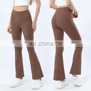 Wholesale Nude High Waist Back Pocket Flared Yoga Leggings Peach Hip Wide Leg Sports Gym Pants For Women Active Exercise Wearn thumbnail-1