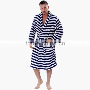 Men Women Plus Size Coral Fleece Navy Stripe Warm Bath Robe Pyjama Dressing Gown Sleepwear Bathrobe For Couples thumbnail-3