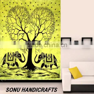 Elephant Love Tree Black & Blue Color Tapestry Indian Bedspread Throw Wall Hanging Valentine Cotton Picnic Sheet Single thumbnail-1