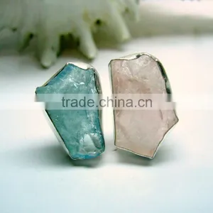Aquamarine & Rose Quartz Rough Natural Gemstone Ring, 925 Solid Sterling Silver Ring, Designer Raw Bowl Shaped Ring thumbnail-4