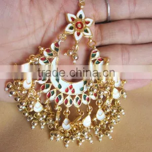 Kundan Jadau Earring Tikka Gold Plated Chand Bali Set thumbnail-3