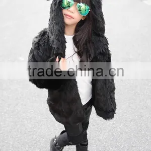 Hooded Winter Fur Jacket Girls European Style Fur Coat Autumn Kids Plush Jacket Thick Padded White Black Leopard Rabbit Ear thumbnail-5