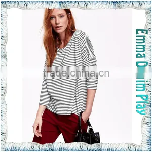 Latest Arrival Ladies Stylish Style 3/4 Sleeve Black White Stripe Knit Cotton O Neck Tee Shirts thumbnail-2